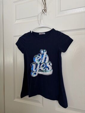 Girls' Navy Short Sleeve Sequin 'oh yes' Tee - White/Blue Detail